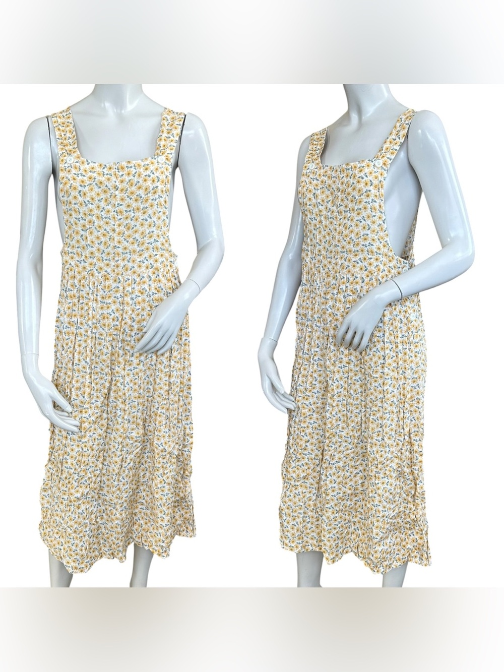 Vintage 90s Express Sunflower Print Overall Jumper Casual MIDI Dress Size Small